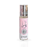 Yara roll-on perfume oil bottle in pink with silver chrome cap and Arabic calligraphy